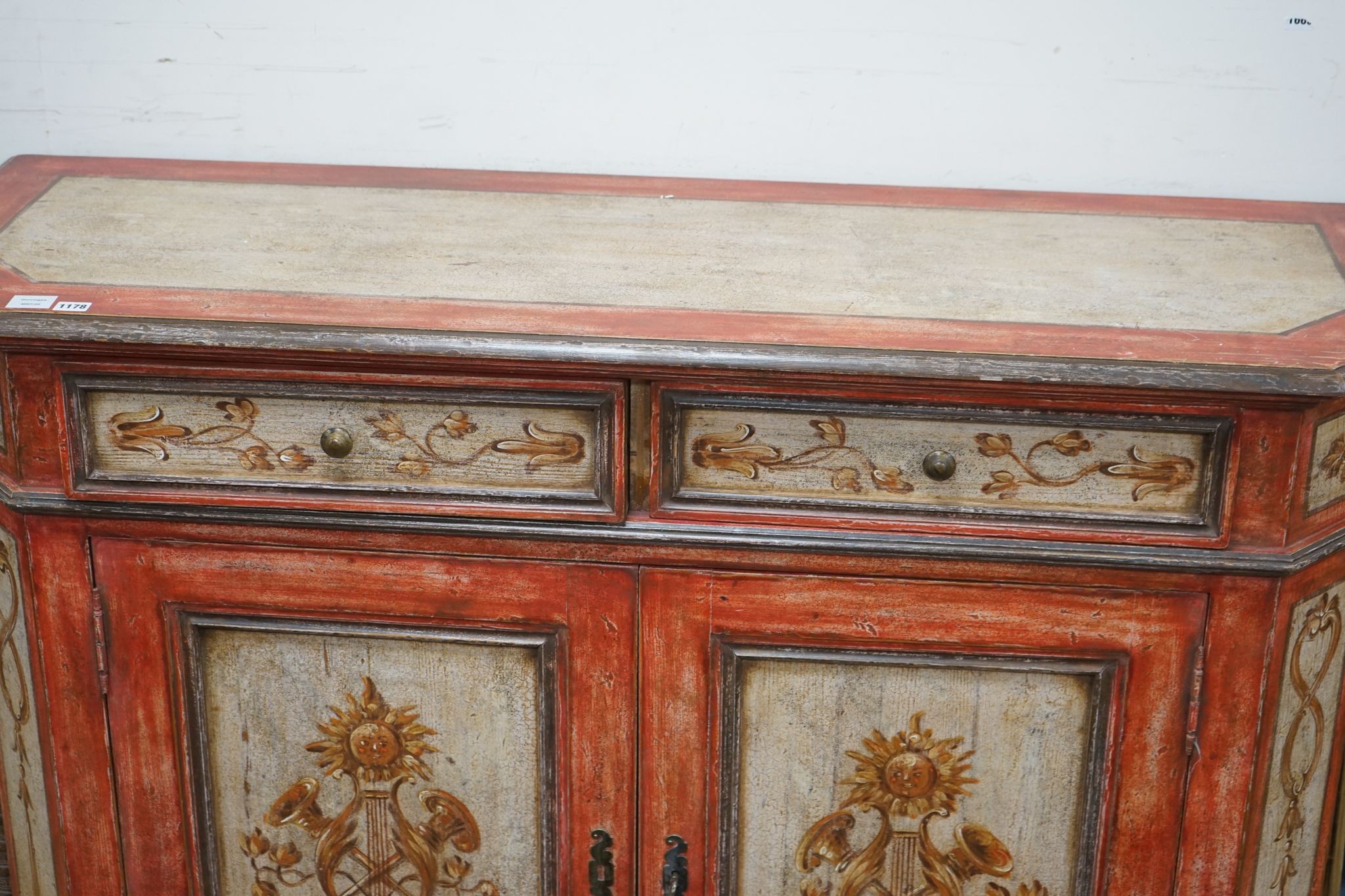 An 18th century French provincial style painted two door side cabinet, length 150cm, depth 49cm, height 105cm